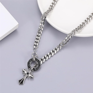 Silver cuban chain necklace with black enamel cross and Never Say Die engraved ring