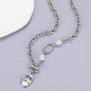 Titanium Steel Artificial Baroque Pearl Necklace With Irregular Molten Lava Pendant OT Toggle Clasp Minimalist Hip Hop Punk Jewelry For Men Women