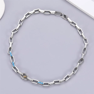 Collier Pendentif Éclair en Acier Inoxydable Hip Hop Émail Bleu Chaîne à Maillons Trombone Rectangulaire Bijoux de Rue Unisexe
