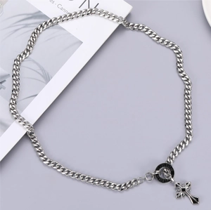 Silver titanium steel cross pendant necklace with cuban chain and engraved ring