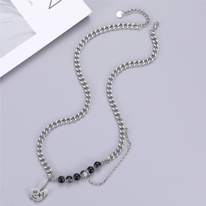 Collier double chaîne cubaine punk argentée avec perles et pendentif guitare unisexe