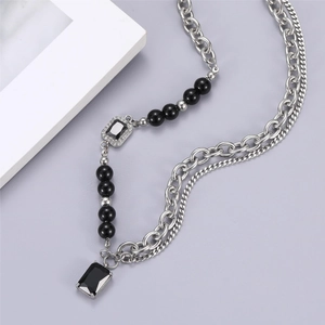 Vintage Punk Stainless Steel Black Gemstone Pendant Necklace Double Layer Asymmetric Chain Synthetic Artificial Pearl For Men Women
