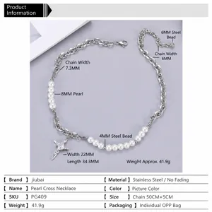 Cross necklace with pearls and titanium steel chain for a modern luxury aesthetic