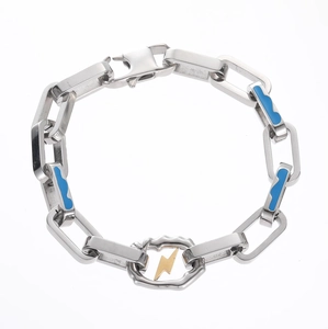 Chunky stainless steel lightning bolt chain bracelet with blue enamel for street style