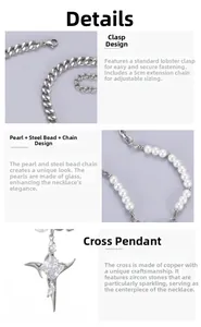 Detail of cross necklace with sparkling zircon, glass pearls, and lobster clasp closure