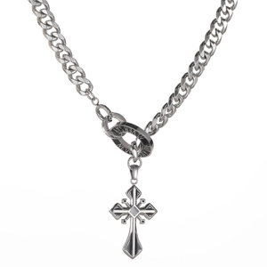 Punk style titanium steel cross necklace with Cuban chain and Never Say Die engraving