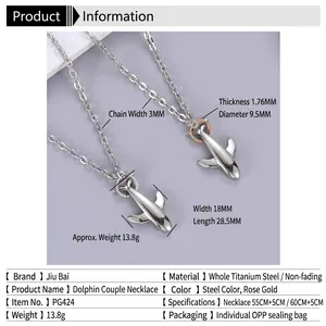 Titanium steel dolphin whale necklace set for couples in silver and rose gold finish