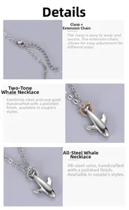 Detail view of titanium whale pendant necklace showing the lobster clasp and dual finishes