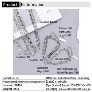 Double-layered stainless steel heart bracelet and necklace set with paperclip chain