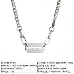 Unisex titanium steel blade pendant necklace with mixed chain links and technical dimensions
