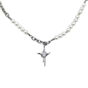 Star cross necklace with silver chain, white pearls and square cubic zirconia pendant