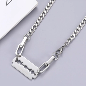 Titanium steel blade pendant necklace with Cuban chain and sharp as ever engraving