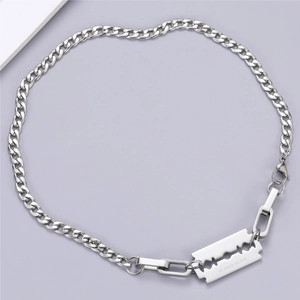 Stainless Steel Hip Hop Razor Blade Pendant Necklace Mixed Cuban Chain Engraved Streetwear Punk Style Unisex Jewelry