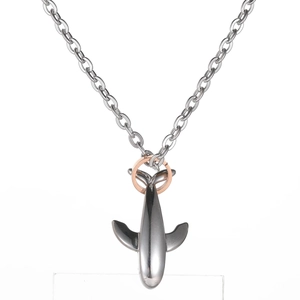 Polished titanium steel whale shark necklace with silver and rose gold accent
