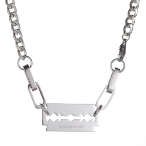 Punk style stainless steel cuban chain necklace with engraved razor blade pendant
