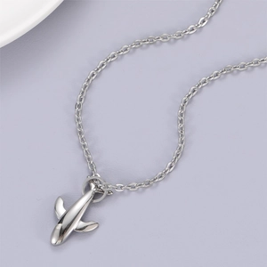 Minimalist polished stainless steel airplane pendant necklace with classic cross chain link