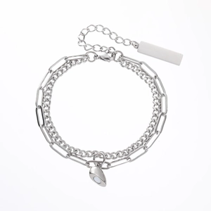 Silver double layer heart bracelet with cuban link and paperclip chain for couples