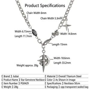 Collier en acier titane avec pierre noire et pendentifs étoile sur chaîne O, 50cm