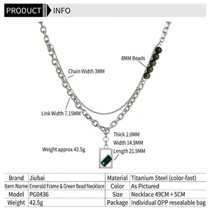 Men's double-layered titanium steel necklace with green beads and emerald-cut pendant