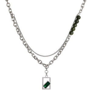 Titanium Steel Green Zirconia Pendant Necklace Double Layer Chain Geometric Emerald Cut Stone Hip Hop Men Women Fashion Jewelry