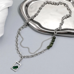 Men's double-layered titanium steel necklace with green beads and emerald pendant