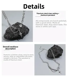 Detail of titanium steel star necklace with cat eye stone and adjustable chain