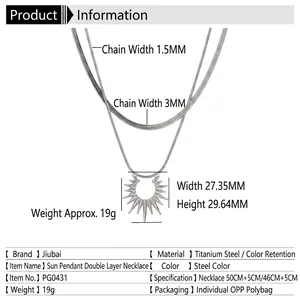 Double-layered stainless steel sun pendant necklace with sleek snake chain design