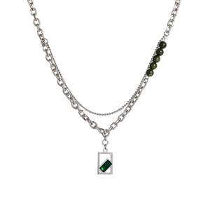 Double-layered men's pearl necklace with emerald green gemstone and geometric pendant
