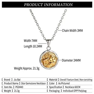 Men's titanium steel necklace with dice and poker round pendant showing 60cm chain dimensions