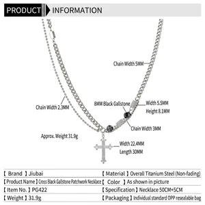 Men's titanium steel double layer necklace with cross pendant and hematite beads