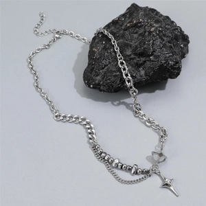 Star pendant titanium steel necklace with mixed chains and center zircon stone