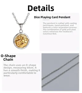 Detail of steel poker dice pendant with two-tone finish and 60cm rollo chain