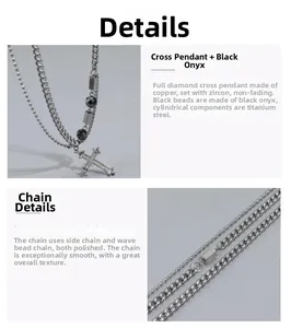 Detail of layered titanium steel necklace with cross pendant and hematite black beads