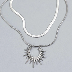 Double-layered silver sun pendant necklace with snake chains for women in minimalist style