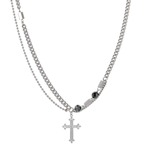 Men's hip hop double-layer titanium steel necklace with layered cross and cuban chains