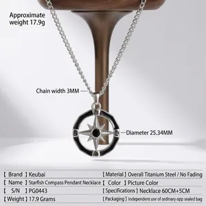 Star compass titanium steel pendant necklace for men with detailed product measurements