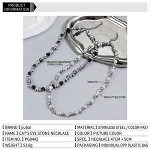 Chic titanium steel necklace with cat eye stones and hematite beads on silver tray