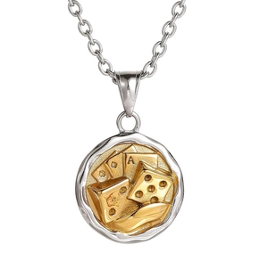 Detail of dice and poker cards gold relief on silver round pendant necklace