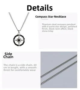 Detailed macro view of titanium steel compass star pendant with black stone inlay and chain