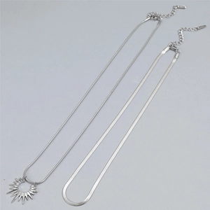 Double-layered silver stainless steel sun pendant necklace and flat snake chain set
