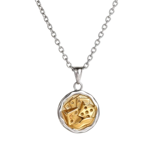 Hip Hop Titanium Steel Pendant Necklace Dice Poker Card Ace Two-tone Gold Silver Stainless Steel Round Plate Jewelry For Men Women