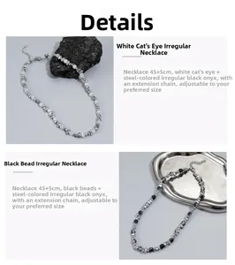 Detail of adjustable 45cm pearl and stone necklaces in white cat-eye and black beads