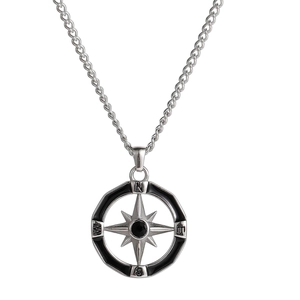 Men Compass Octagonal Star Pendant Necklace Stainless Steel Hip Hop Jewelry Starburst Design Black Rhinestone Jewelry For Men