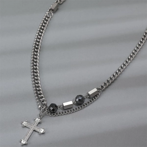 Men's double-layered titanium steel cross necklace with silver Cuban chain and black beads