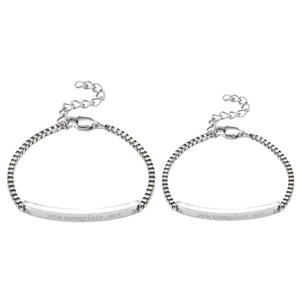 Polished stainless steel couple bracelets with box chain and 'you complete me' engraving