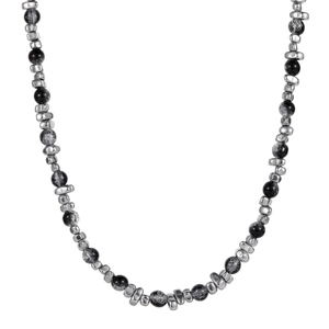Modern pearl and marble bead necklace with irregular silver metallic accents for women