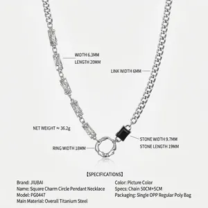 Collier en acier titane argenté pour homme avec pendentif pierre noire et maillons carrés