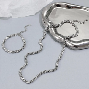 Ensemble collier et bracelet hip-hop en acier inoxydable argenté avec chaîne tressée