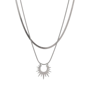 Double layered stainless steel sun pendant necklace with sleek snake chain and sunburst design