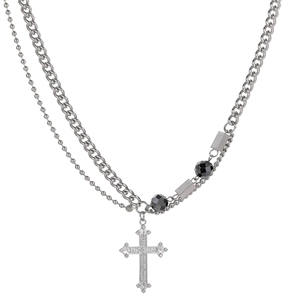 Men's Hip Hop Double Layer Titanium Steel Necklace Spliced Cross Pendant Rhinestone Inlaid Clavicle Chain Streetwear Jewelry